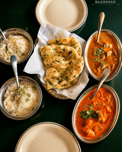 Garlic naan, rice with chicken makhani