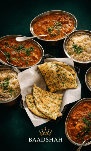 baadshah cuisine main dishes with garlic naan & rice